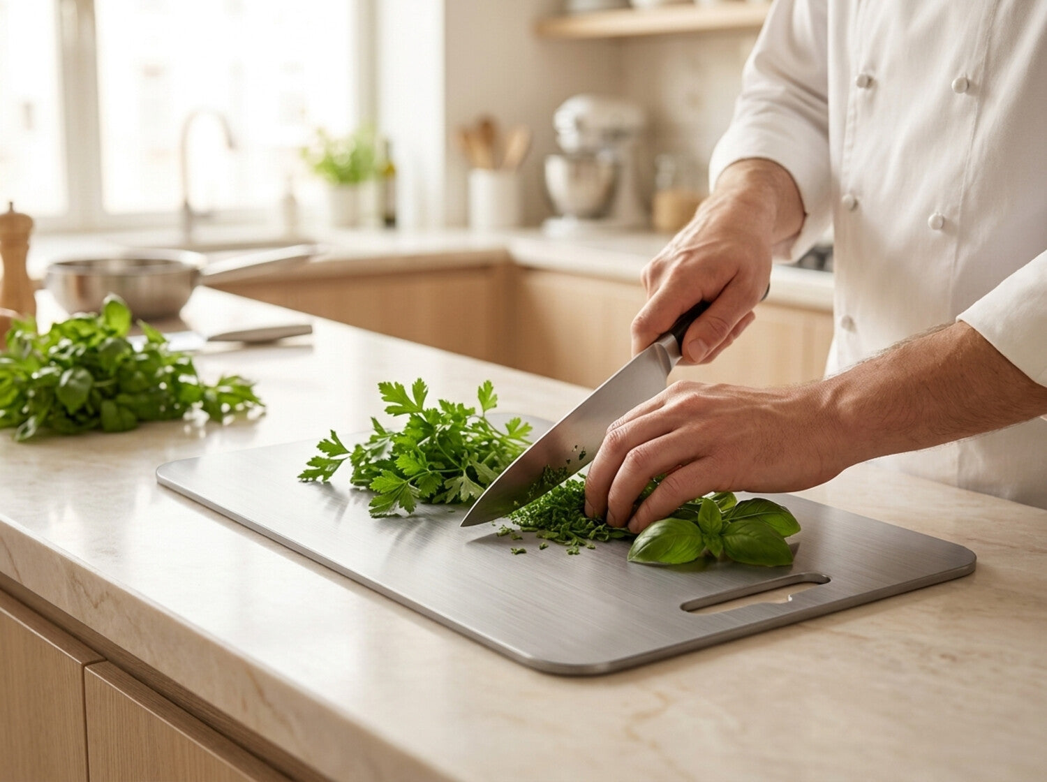 Preparing food on a Perfect Titanium board