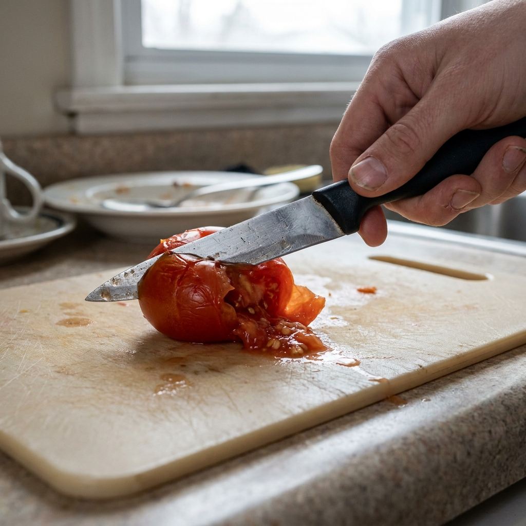 A dull, cheap kitchen knife