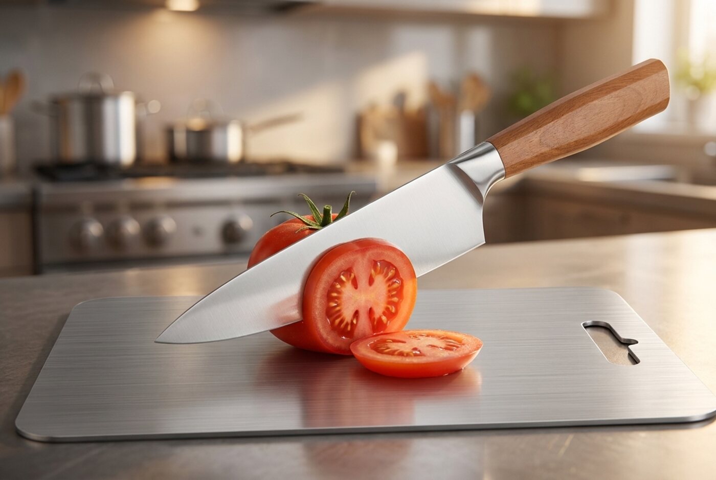 Close-up of the forged blade and wood handle